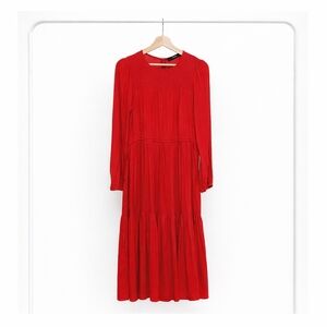 Hallhuber Long-Sleeve Red Tiered Midi Dress, Size: 40 (EU)